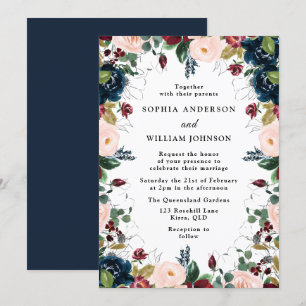 Elegant Navy Burgundy Blush Floral Wreath Wedding Invitation
