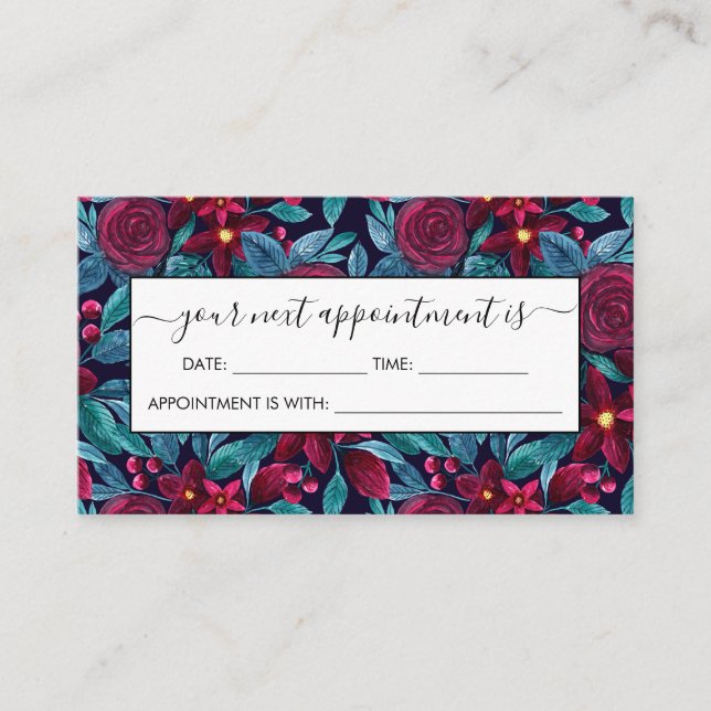 Elegant Navy Burgundy Christmas Floral Watercolor Appointment Card (Front)