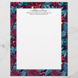 Elegant Navy Burgundy Christmas Floral Watercolor Custom Letterhead