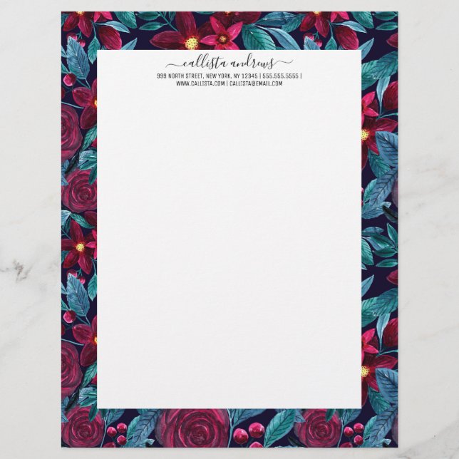 Elegant Navy Burgundy Christmas Floral Watercolor Custom Letterhead (Front)