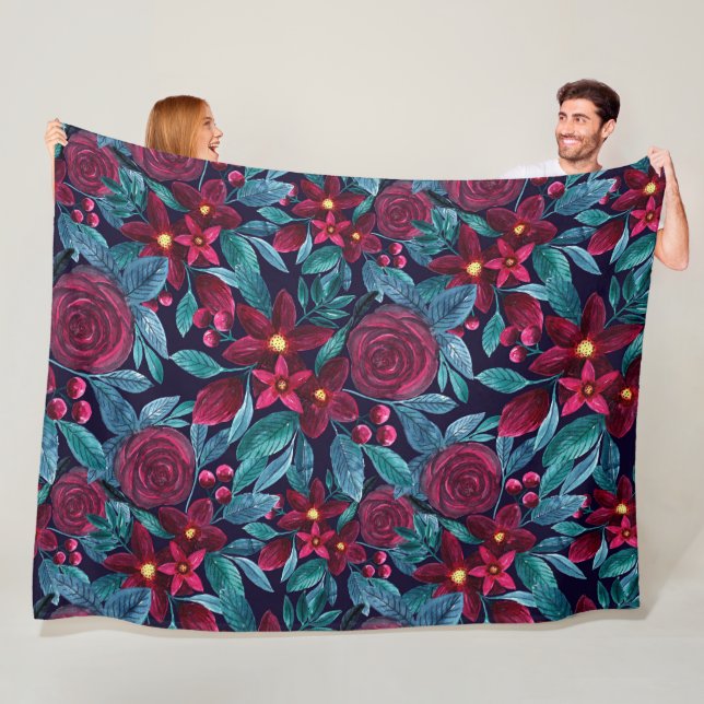 Elegant Navy Burgundy Christmas Floral Watercolor Fleece Blanket (In Situ)