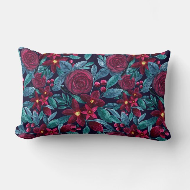 Elegant Navy Burgundy Christmas Floral Watercolor Lumbar Cushion (Front)
