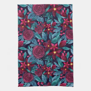 Elegant Navy Burgundy Christmas Floral Watercolor Tea Towel