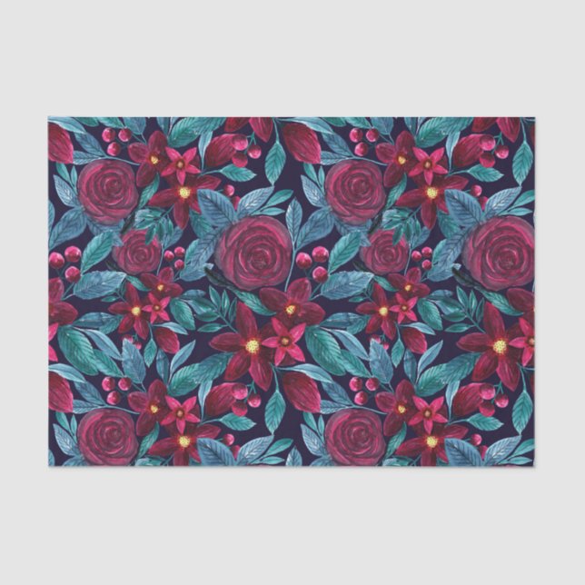 Elegant Navy Burgundy Christmas Floral Watercolor Tissue Paper (Front)
