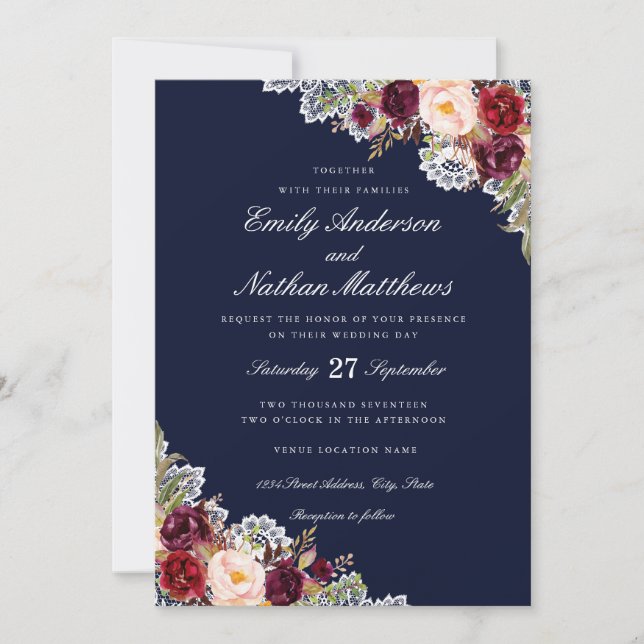 Elegant Navy Burgundy Floral Lace Wedding Invitation (Front)