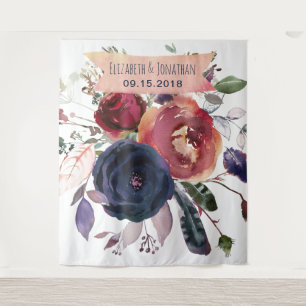 Elegant Navy Burgundy Floral Photo Booth Banner Tapestry