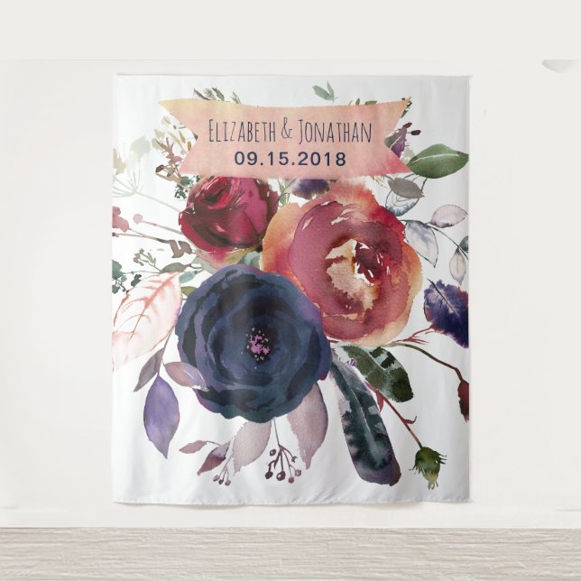 Elegant Navy Burgundy Floral Photo Booth Banner Tapestry (Front)