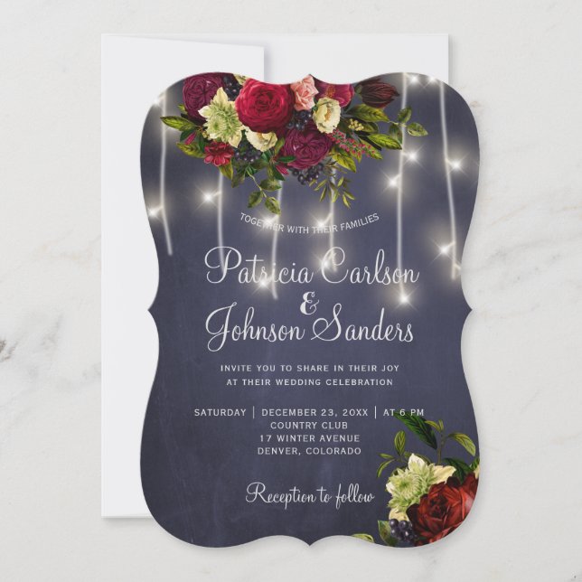 Elegant navy burgundy floral rustic lights wedding invitation (Front)