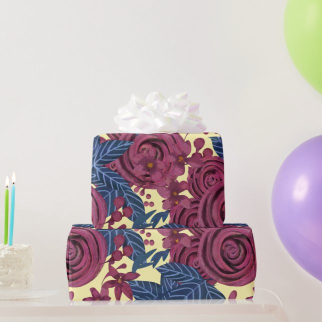 Elegant Navy Burgundy Floral Watercolor Wrapping Paper (Party Gifts)