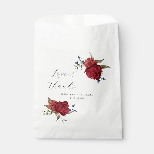 Elegant Navy Burgundy Floral Wedding Favour Bags (Front)