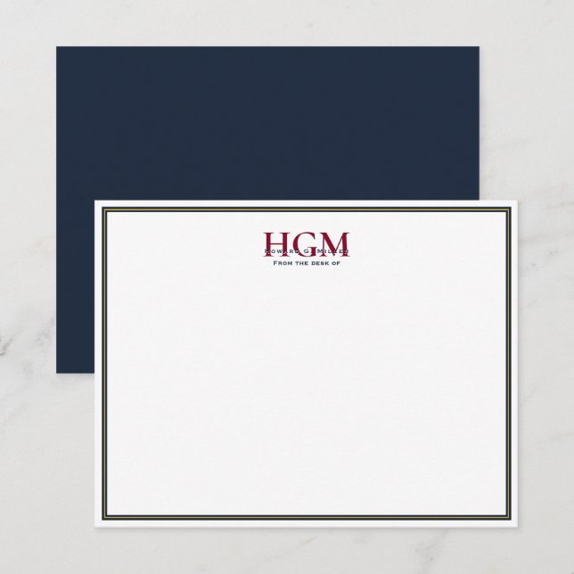 Elegant Navy Burgundy Gold 3 Letter Monogram Card (Front/Back)