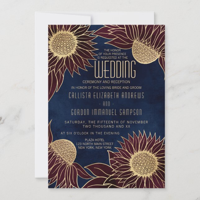 Elegant Navy Burgundy Sunflower Watercolor Wedding Invitation (Front)