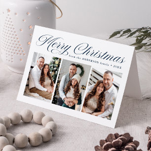 Elegant Navy Calligraphy Merry Christmas 3 Photo Holiday Card