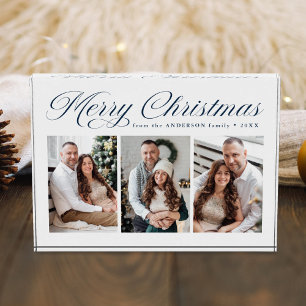 Elegant Navy Calligraphy Script Merry Christmas 3 Photo Block