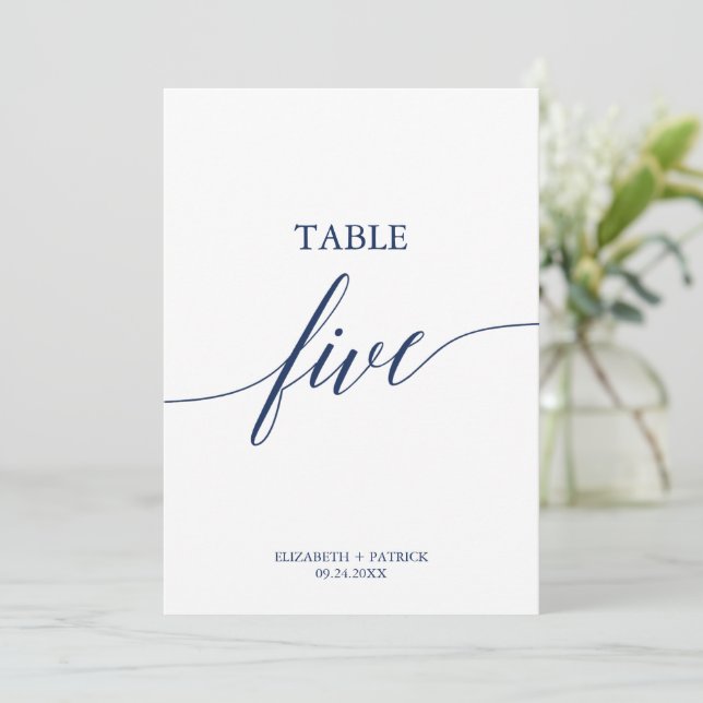 Elegant Navy Calligraphy Table Five Table Number (Standing Front)