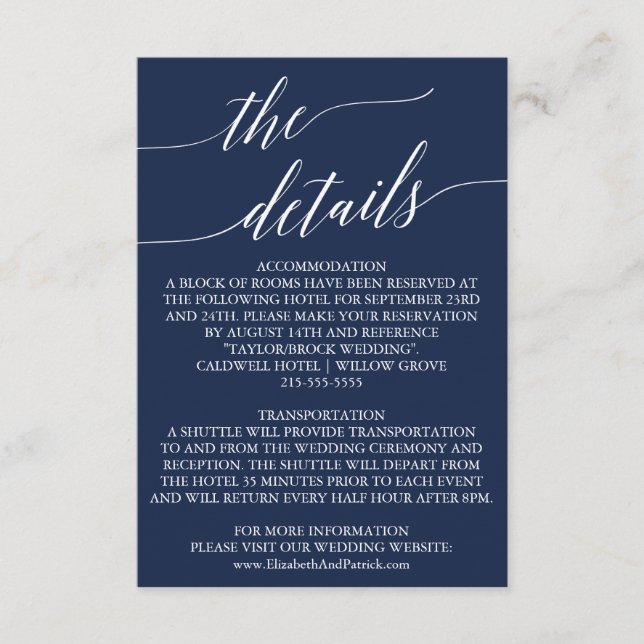 Elegant Navy Calligraphy Wedding Details Card (Front)