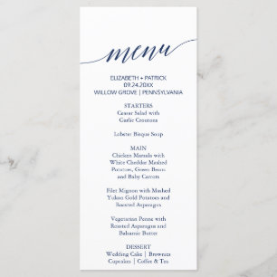 Elegant Navy Calligraphy Wedding Dinner Menu Card