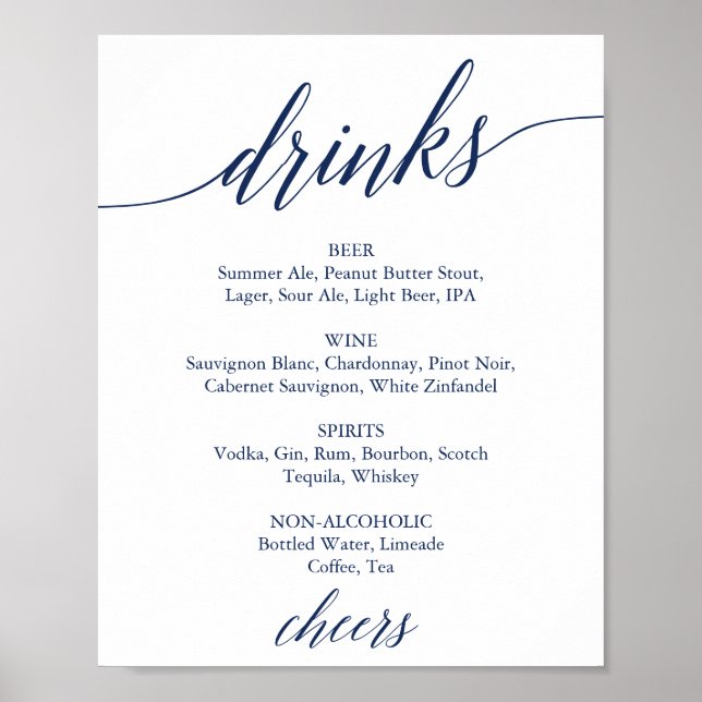 Elegant Navy Calligraphy Wedding Drinks Menu Sign (Front)