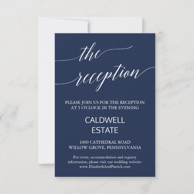 Elegant Navy Calligraphy Wedding Reception Card (Front)