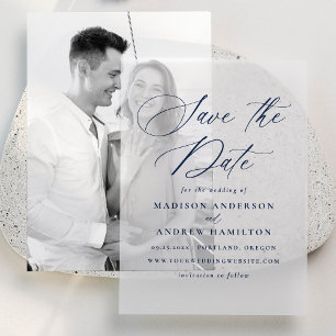 Elegant Navy Calligraphy Wedding Save the Dates Vellum Invitations
