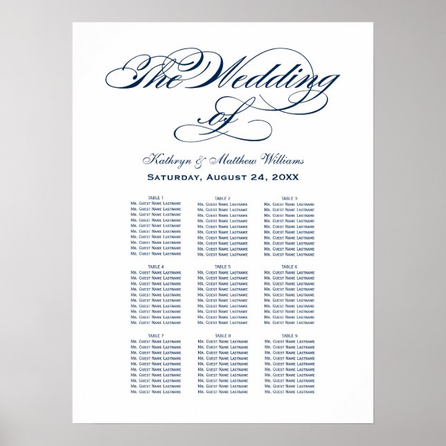 Elegant Navy Calligraphy Wedding Seating Poster (Front)