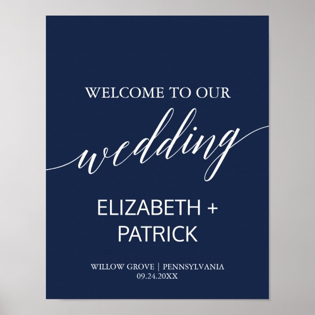 Elegant Navy Calligraphy Wedding Welcome Poster (Front)