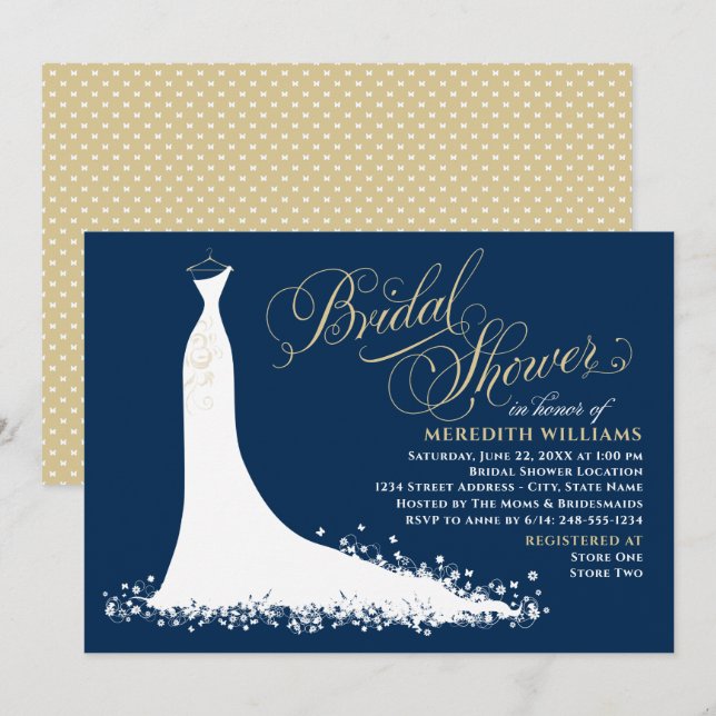 Elegant Navy Champagne Wedding Gown Bridal Shower Invitation (Front/Back)