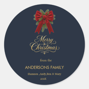 Elegant Navy Christmas Bow Party Classic Round Sticker