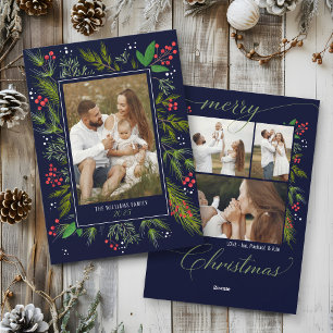 Elegant Navy Christmas Greenery Wreath 4 Photo Holiday Card