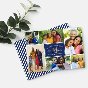 Elegant Navy Christmas Monogram Photo Collage Holiday Card