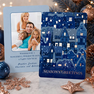 Elegant Navy Christmas with lights of Rose Gold Foil Holiday Card