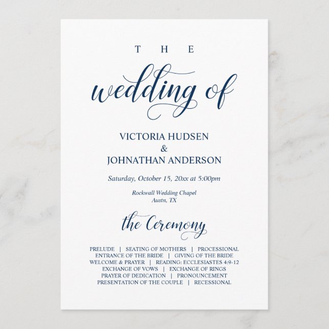 Elegant Navy Classy Script, Wedding Ceremony Programme (Front)
