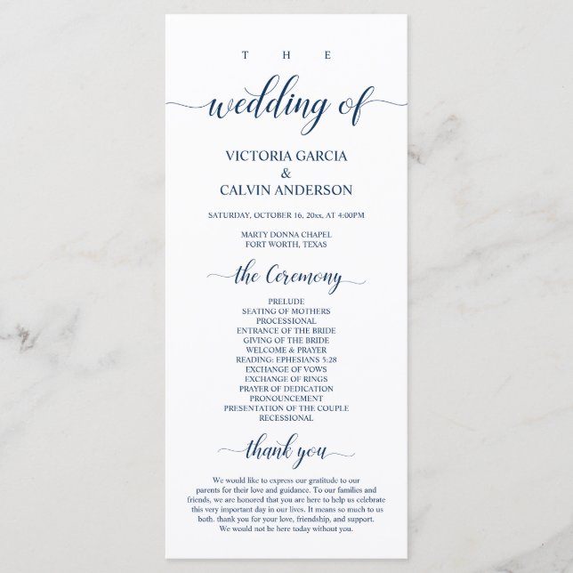 Elegant Navy Classy Script, Wedding Ceremony Programme (Front)