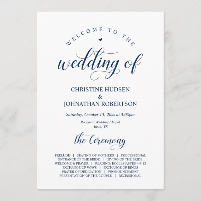 Elegant Navy Classy Script, Wedding Ceremony Programme (Front)