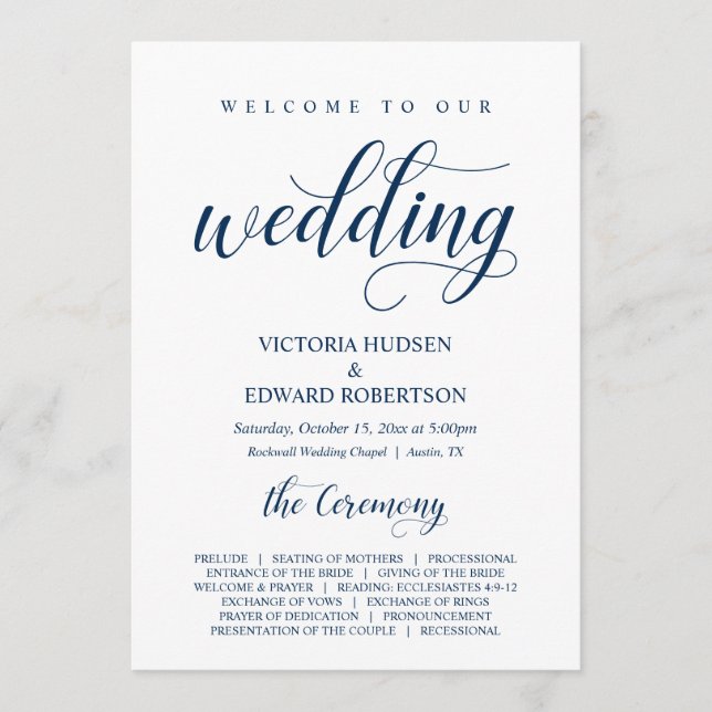 Elegant Navy Classy Script, Wedding Ceremony Programme (Front)
