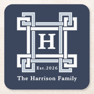 Elegant Navy Coastal Greek Key Monogram Square Paper Coaster