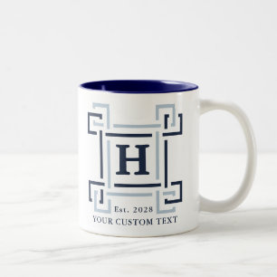 Elegant Navy Coastal Greek Key Monogram Two-Tone Coffee Mug
