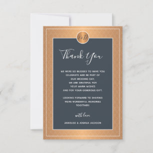 Elegant navy copper gold metallic wedding  thank you card