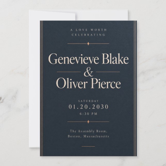 Elegant Navy Copper Wedding Invitation (Front)