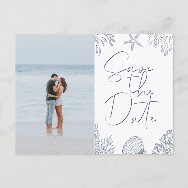 Elegant Navy Coral Beach Photo Save The Date Invitation Postcard (Front)