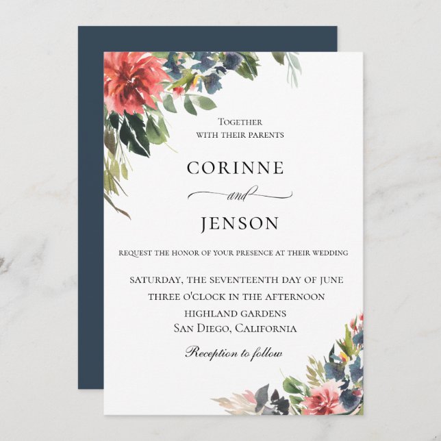 Elegant Navy Coral Botanical Wedding Invitation (Front/Back)