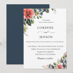 Elegant Navy Coral Botanical Wedding Invitation
