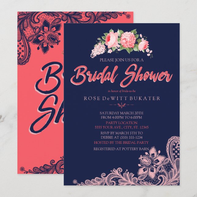 Elegant Navy & Coral Bridal Shower Invitations (Front/Back)