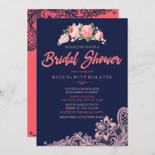 Elegant Navy & Coral Bridal Shower Invitations