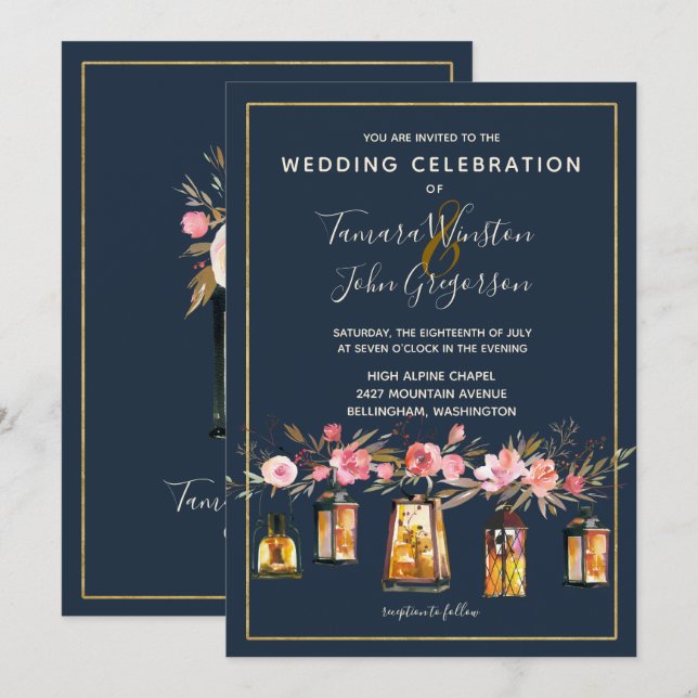 Elegant Navy Coral Floral Gold Lights Wedding Invitation (Front/Back)
