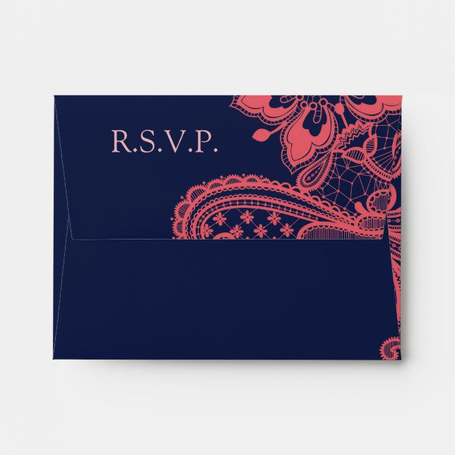 Elegant Navy & Coral Lace Response Envelope (Back (Top Flap))