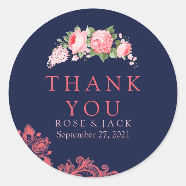 Elegant Navy & Coral Lace Thank You Stickers (Front)