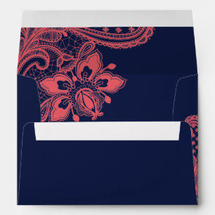 Elegant Navy & Coral Lace Wedding Envelope