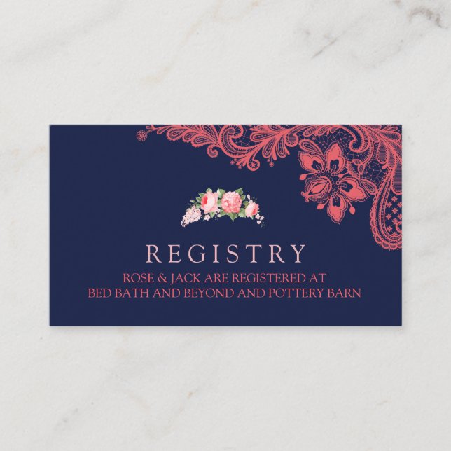 Elegant Navy & Coral Lace Wedding Registry Card (Front)