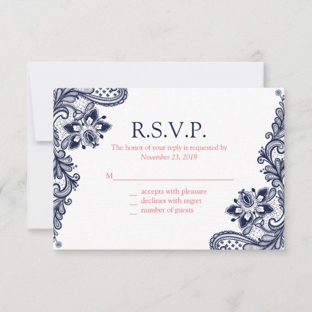 Elegant Navy & Coral Lace Wedding Response Cards (Front)